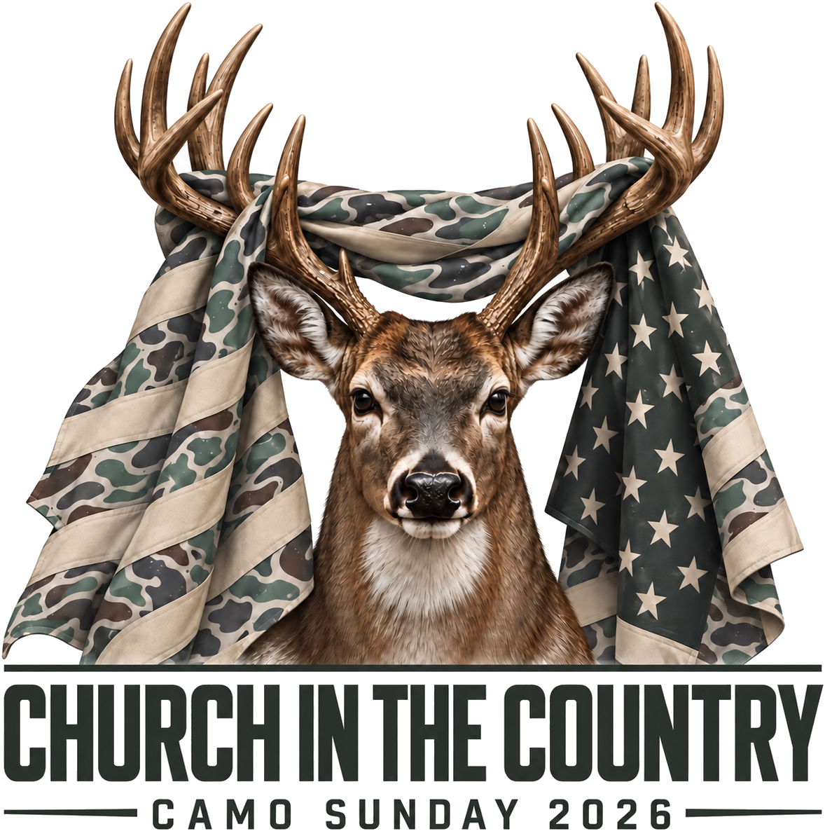 Official 2026 Church in the Country Camo Sunday deer and camouflage flag logo