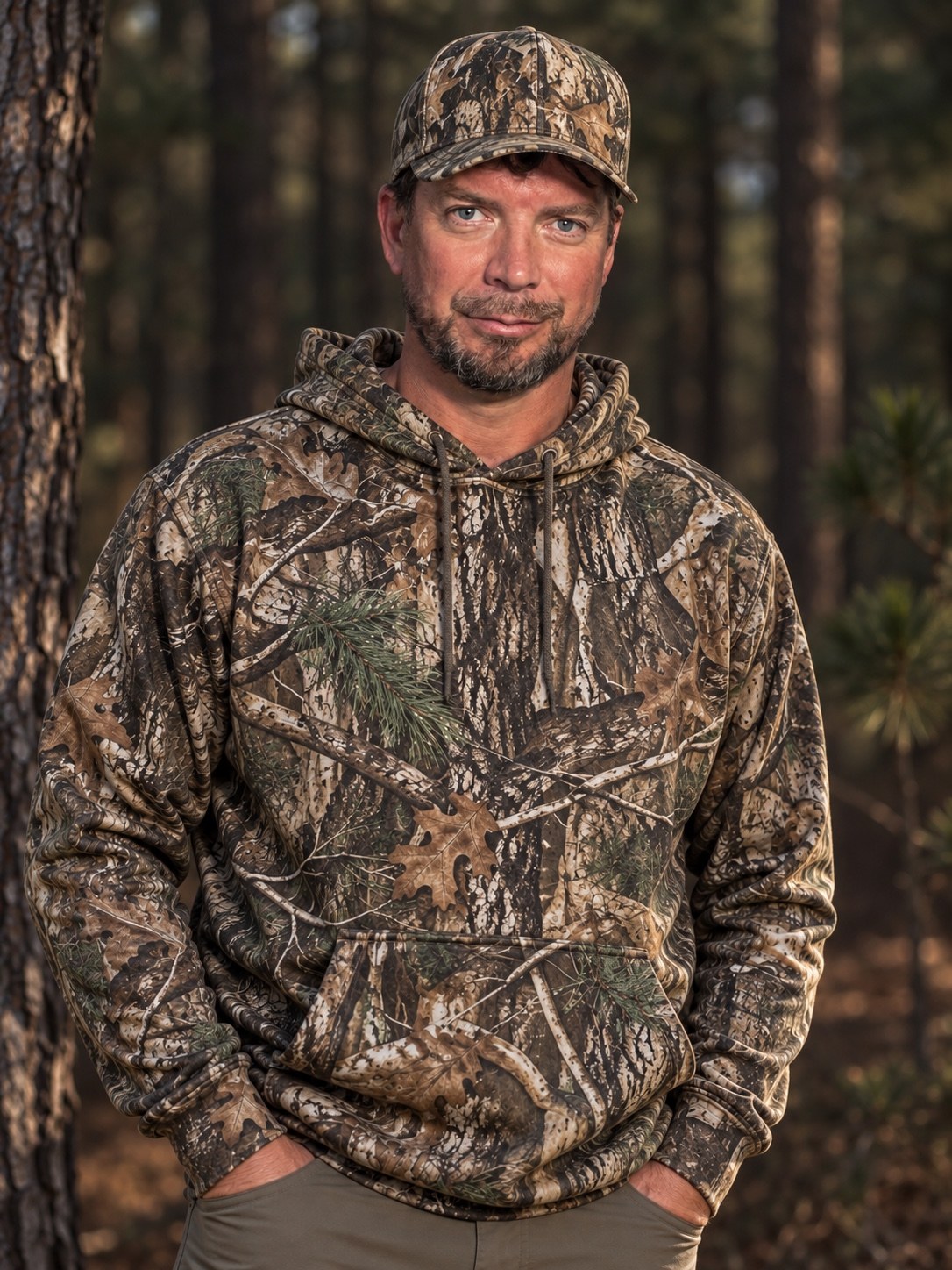 Ryan Winters wearing camouflage in the pine woods